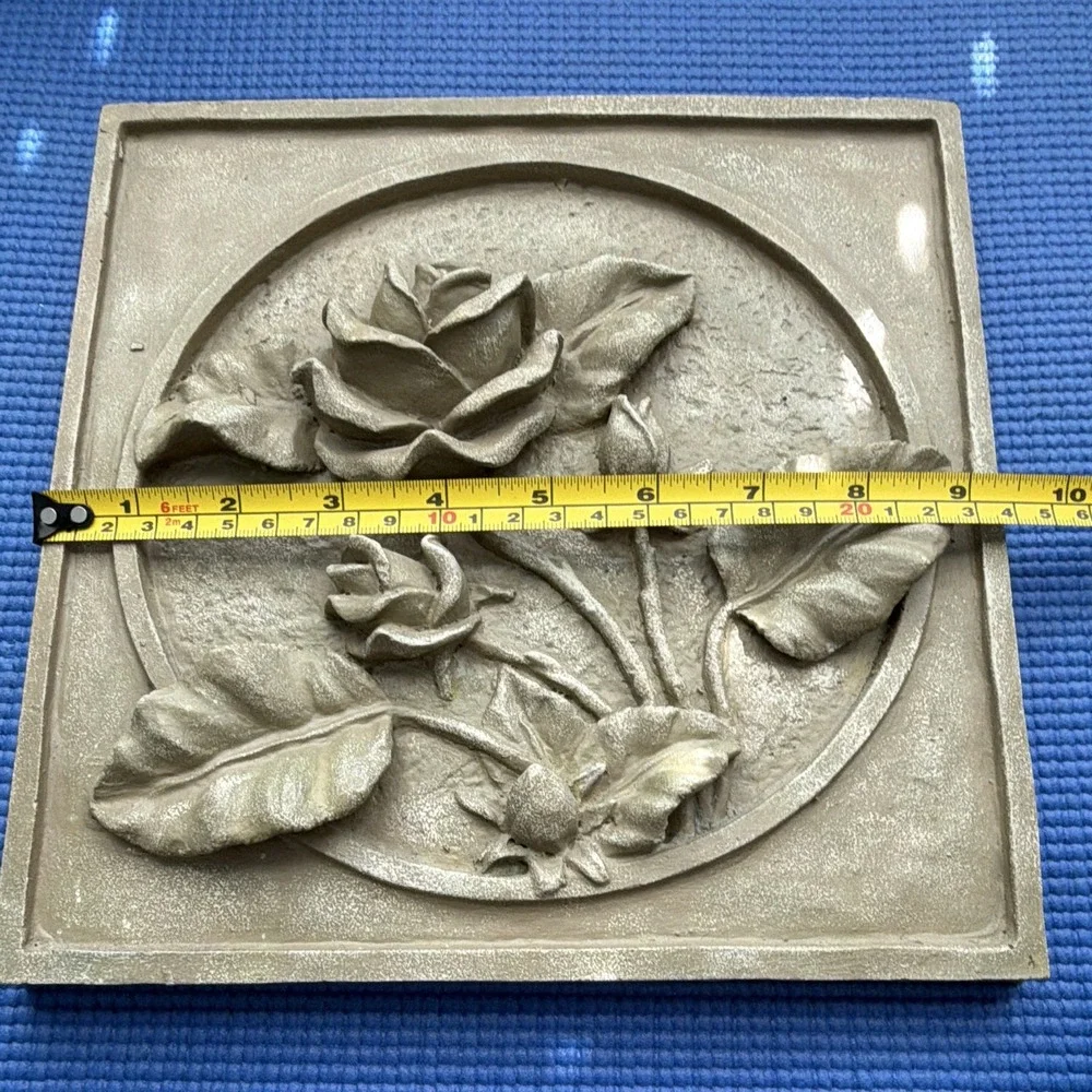 Beige Stone 3D Raised Rose Floral Relief Square Wall Plaque Hanging 9.5x9.5 in